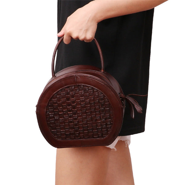 Small Womens Braided Leather Circle Handbag Cross Shoulder Round Bag Purse for Women Inside