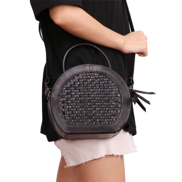 Small Womens Braided Leather Circle Handbag Cross Shoulder Round Bag Purse for Women Quality