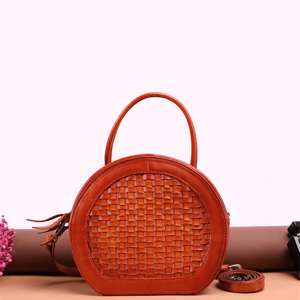 Small Womens Braided Leather Circle Handbag Cross Shoulder Round Bag Purse for Women Small