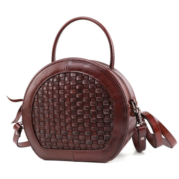 Small Womens Braided Leather Circle Handbag Cross Shoulder Round Bag Purse for Women Stylish