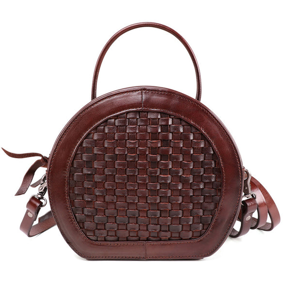 Small Womens Braided Leather Circle Handbag Cross Shoulder Round Bag Purse for Women Side