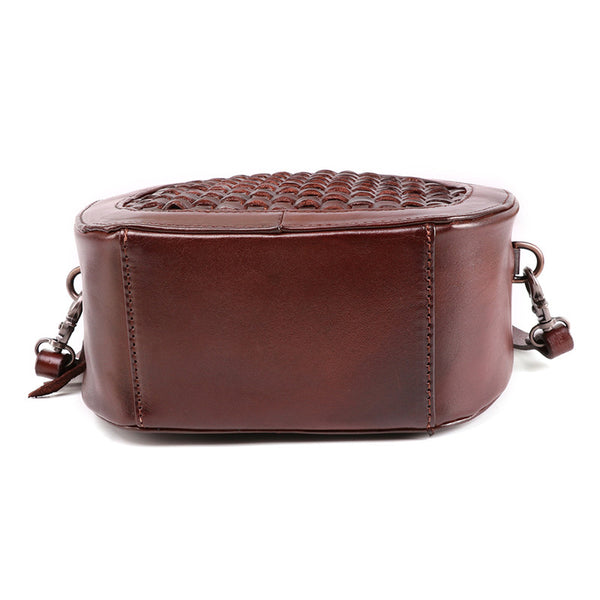 Small Womens Braided Leather Circle Handbag Cross Shoulder Round Bag Purse
