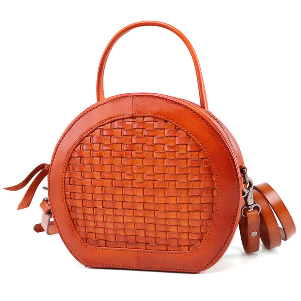 Small Womens Braided Leather Circle Handbag Cross Shoulder Round Bag Purse for Women Brown