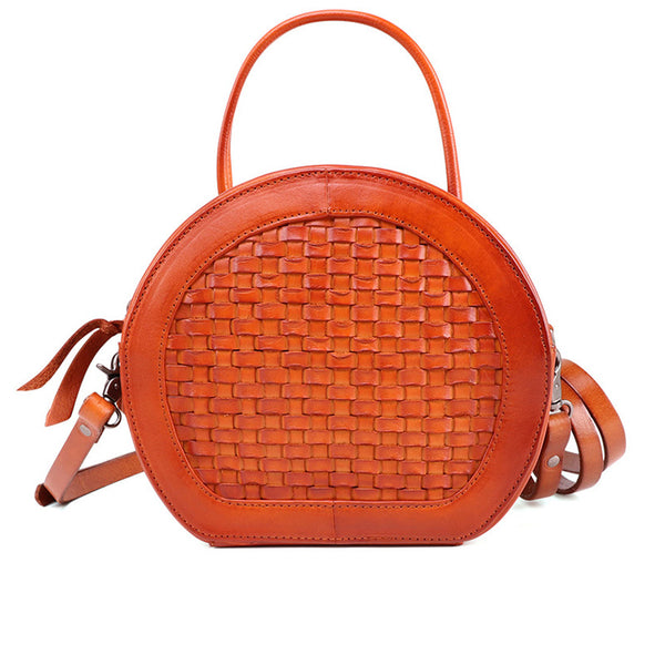 Small Womens Braided Leather Circle Handbag Cross Shoulder Round Bag Purse for Women Chic