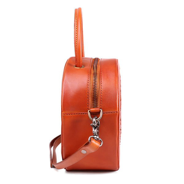 Small Womens Braided Leather Circle Handbag Cross Shoulder Round Bag Purse for Women Cool