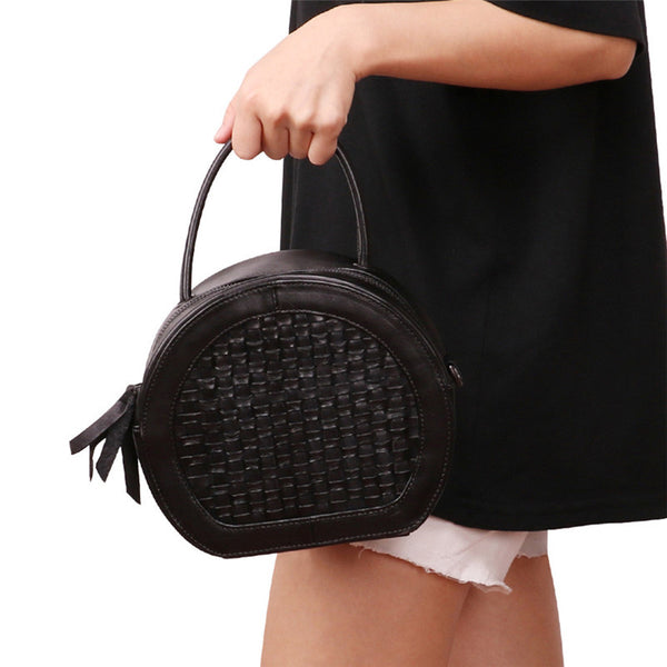 Small Womens Braided Leather Circle Handbag Cross Shoulder Round Bag Purse for Women Handmade