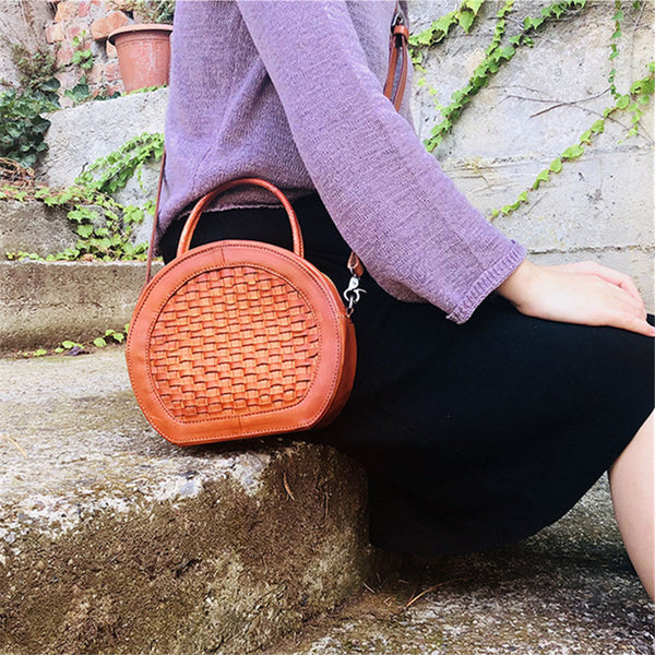Small Womens Braided Leather Circle Handbag Cross Shoulder Round Bag Purse for Women Genuine Leather
