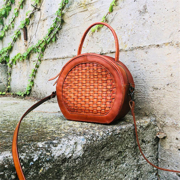 Small Womens Braided Leather Circle Handbag Cross Shoulder Round Bag Purse for Women Funky