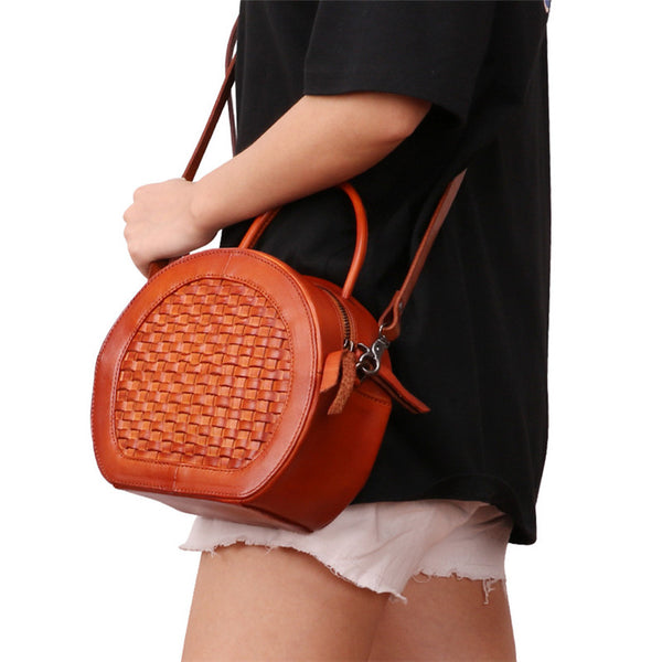 Small Womens Braided Leather Circle Handbag Cross Shoulder Round Bag Purse for Women Durable