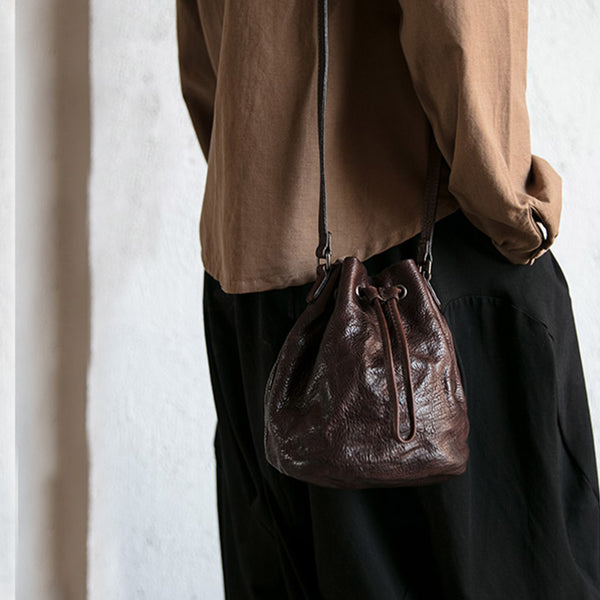 Small Womens Brown Leather Bucket Bag Purse Over The Shoulder Bags for Women Original