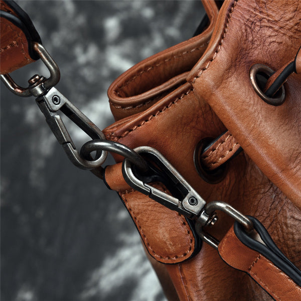 Small Womens Brown Leather Bucket Handbags Purse With Fringe Shoulder Bag for Women Cool