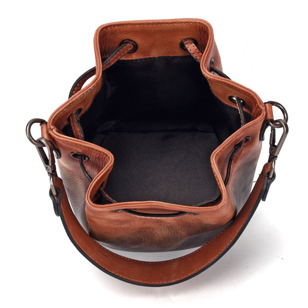 Small Womens Brown Leather Bucket Handbags Purse With Fringe Shoulder Bag for Women Details
