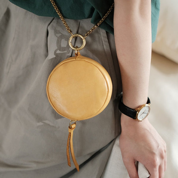 Small Womens Chain Leather Circle Wallet Zip Coin Purse Crossbody Bag for Women