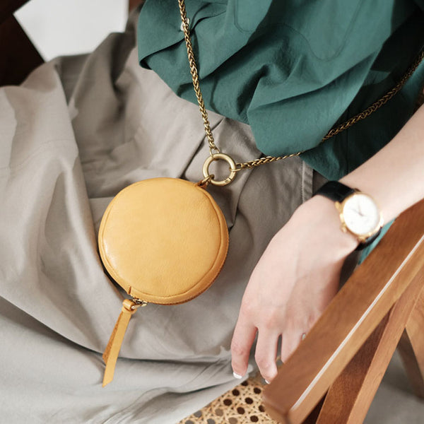 Small Womens Chain Leather Circle Wallet Zip Coin Purse Crossbody Bag for Women Beautiful