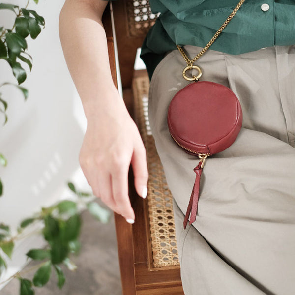 Small Womens Chain Leather Circle Wallet Zip Coin Purse Crossbody Bag for Women Designer