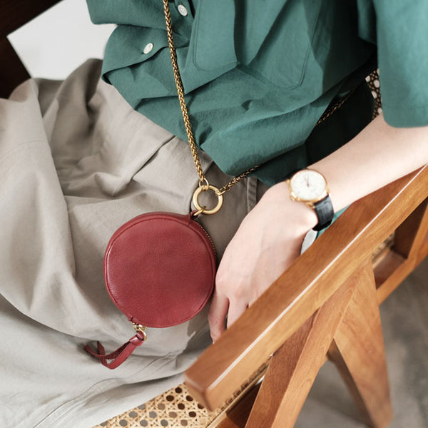 Small Womens Chain Leather Circle Wallet Zip Coin Purse Crossbody Bag for Women Fashion