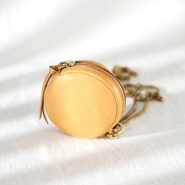 Small Womens Chain Leather Circle Wallet Zip Coin Purse Crossbody Bag for Women Genuine Leather
