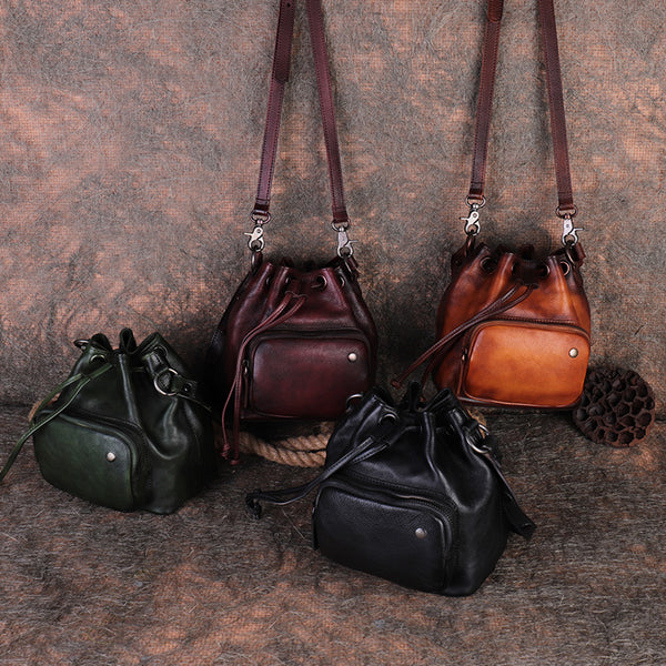 Small Womens Genuine Leather Drawstring Bucket Bag Crossbody Purse For Women Best