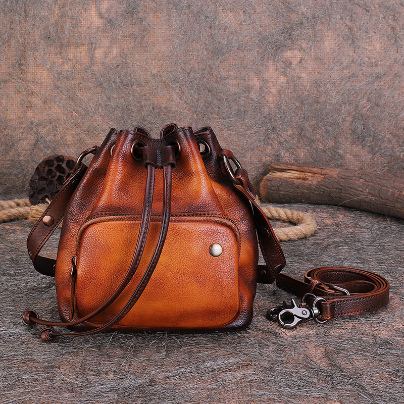 Small Womens Genuine Leather Drawstring Bucket Bag Crossbody Purse For Women Brown