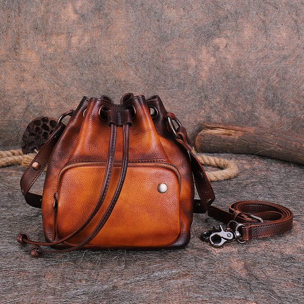 Small Womens Genuine Leather Drawstring Bucket Bag Crossbody Purse For Women Brown