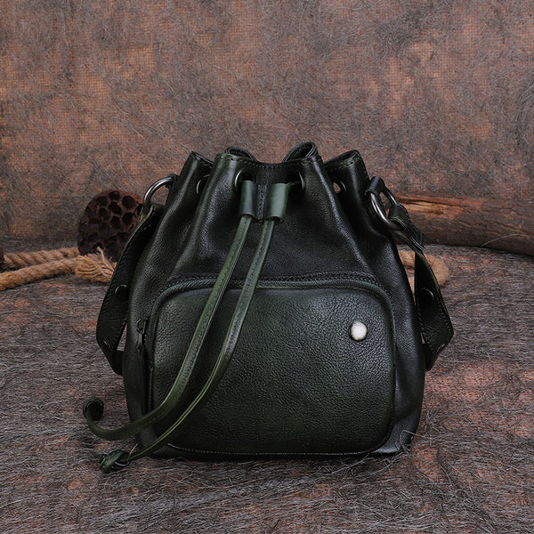 Small Womens Genuine Leather Drawstring Bucket Bag Crossbody Purse For Women Chic