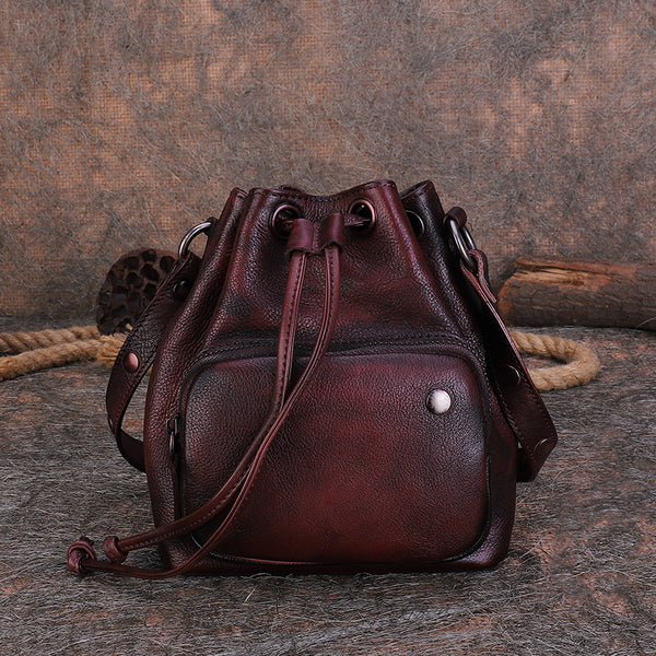 Small Womens Genuine Leather Drawstring Bucket Bag Crossbody Purse For Women Cool