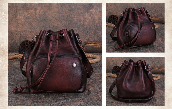 Small Womens Genuine Leather Drawstring Bucket Bag Crossbody Purse For Women Cute