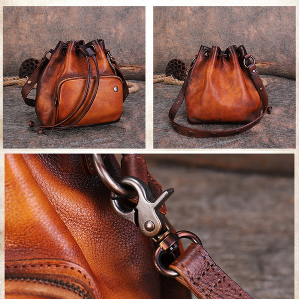 Small Womens Genuine Leather Drawstring Bucket Bag Crossbody Purse For Women Details