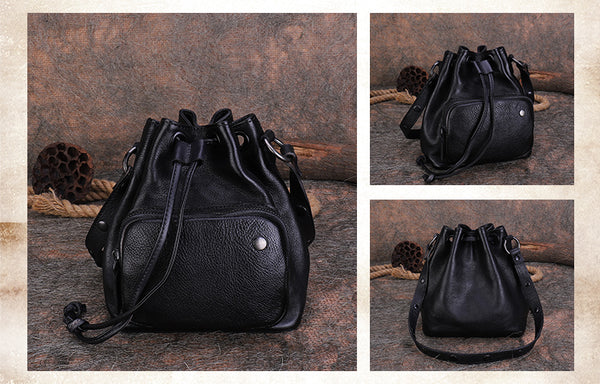 Small Womens Genuine Leather Drawstring Bucket Bag Crossbody Purse For Women Genuine Leather