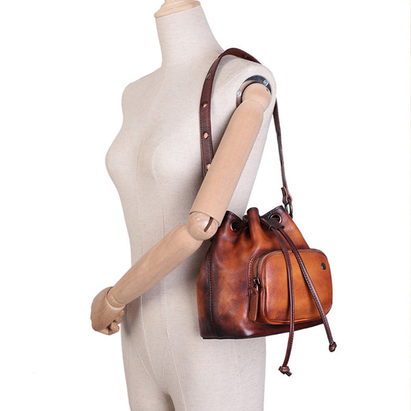 Small Womens Genuine Leather Drawstring Bucket Bag Crossbody Purse For Women Handmade