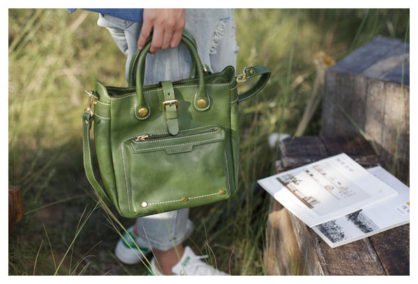 Small Womens Green Leather Crossbody Tote Bag Shoulder Handbags Purse for Women Cowhide