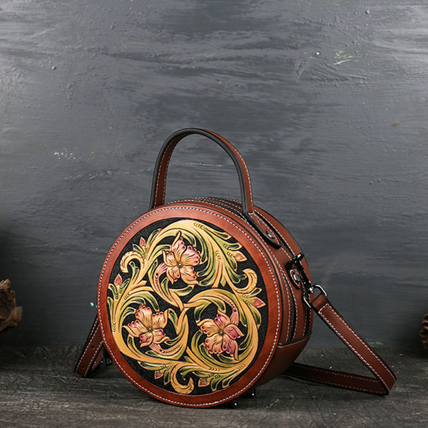 Small Womens Tooled Leather Circle Bag Round Leather Crossbody Bag For Women