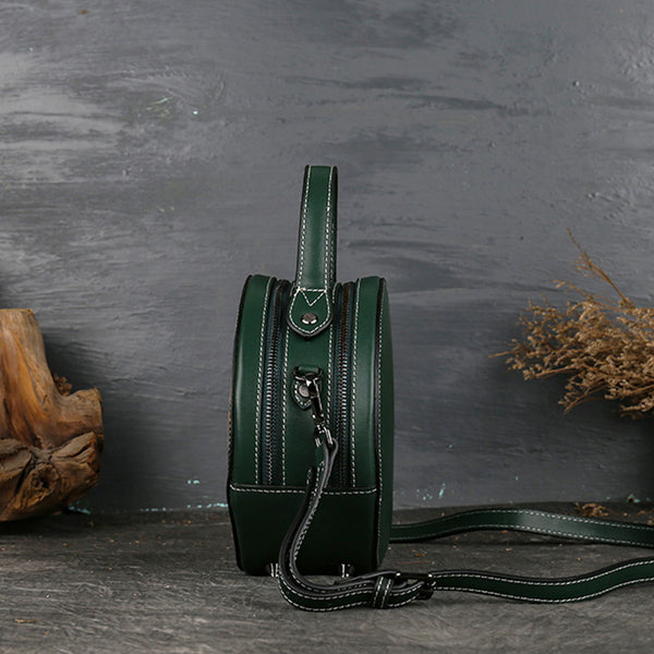 Small Womens Ttooled Leather Circle Bag Round Leather Crossbody Bag For Women Cowhide