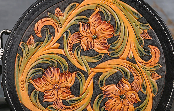 Small Womens Ttooled Leather Circle Bag Round Leather Crossbody Bag For Women Cute