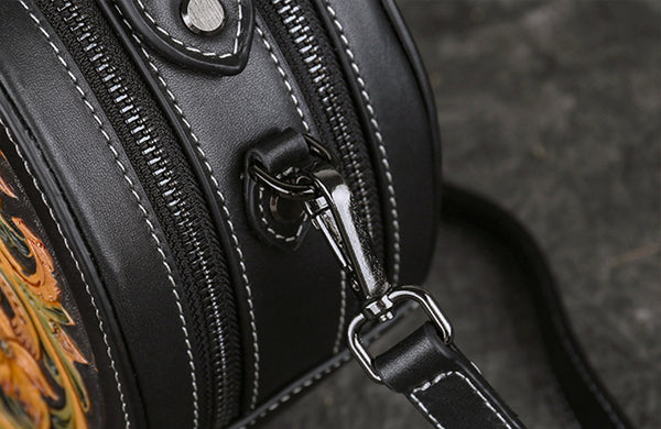 Small Womens Ttooled Leather Circle Bag Round Leather Crossbody Bag For Women Details