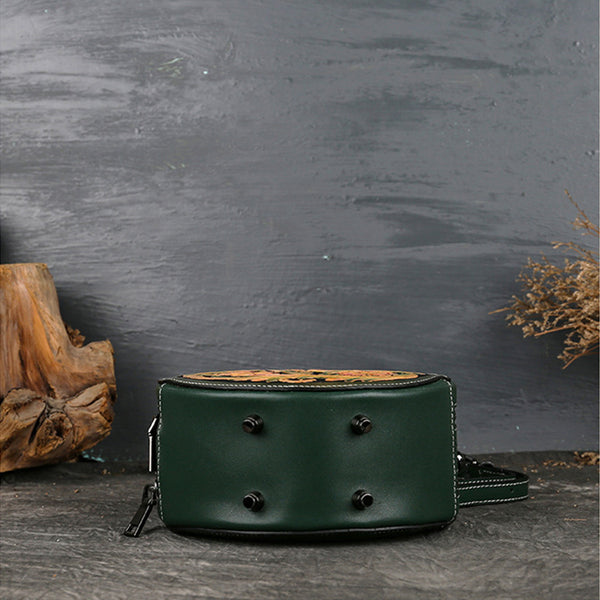 Small Womens Ttooled Leather Circle Bag Round Leather Crossbody Bag For Women Durable