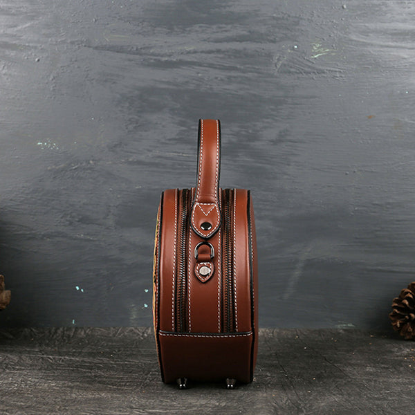 Small Womens Ttooled Leather Circle Bag Round Leather Crossbody Bag For Women Funky