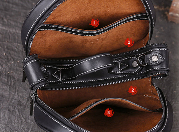 Small Womens Ttooled Leather Circle Bag Round Leather Crossbody Bag For Women Inside