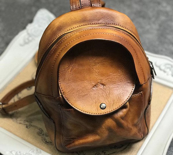 Small Womens Vintage Leather Backpack Purse Brown Rucksack Trendy