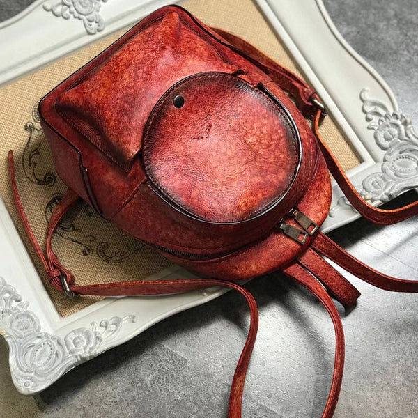 Small Womens Vintage Leather Backpack Purse Brown Rucksack Cowhide