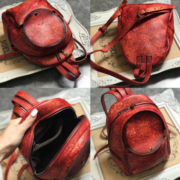Small Womens Vintage Leather Backpack Purse Brown Rucksack Details