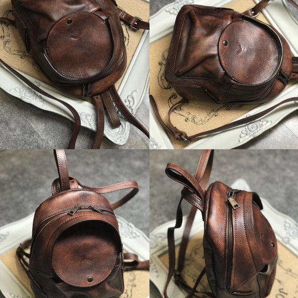 Small Womens Vintage Leather Backpack Purse Brown Rucksack Funky