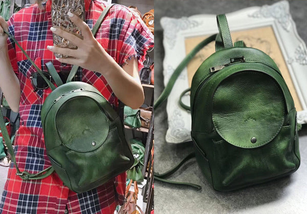 Small Womens Vintage Leather Backpack Purse Brown Rucksack Outside