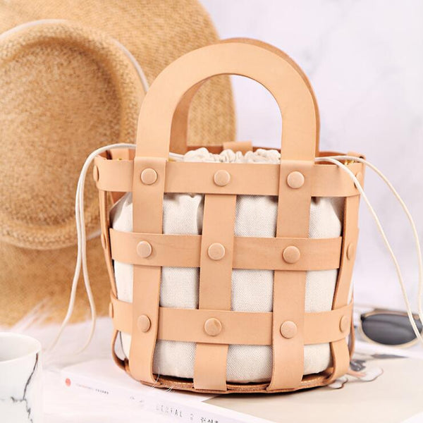Small Womens Woven Leather Bucket Shoulder Bag Handbags For Women