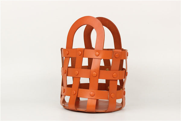 Small Woven Leather Bucket Shoulder Bag Handbags For Women Cowhide