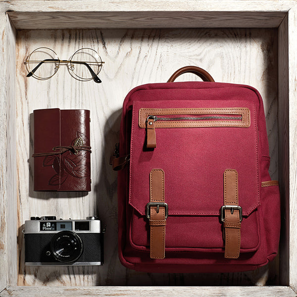 Square Women's Canvas And Leather Backpack Purse Rucksack Bag For Women Beautiful