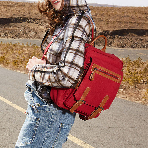 Square Women's Canvas And Leather Backpack Purse Rucksack Bag For Women Chic