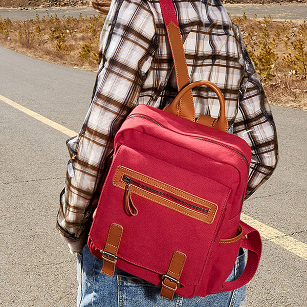 Square Women's Canvas And Leather Backpack Purse Rucksack Bag For Women Cool