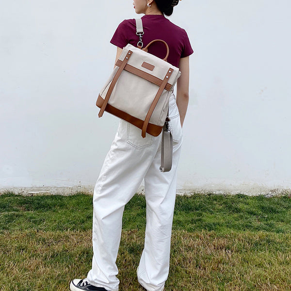 Square Green Canvas Leather Rucksack Travel Backpack Purse Bags for Women Chic