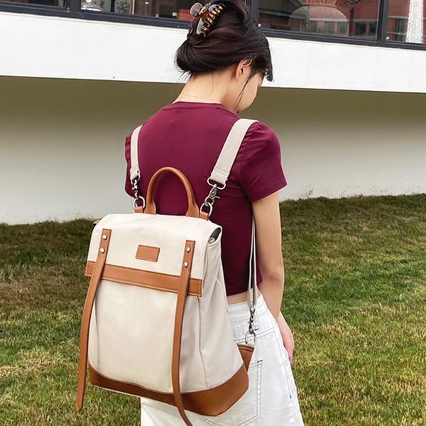 Square Green Canvas Leather Rucksack Travel Backpack Purse Bags for Women Cool